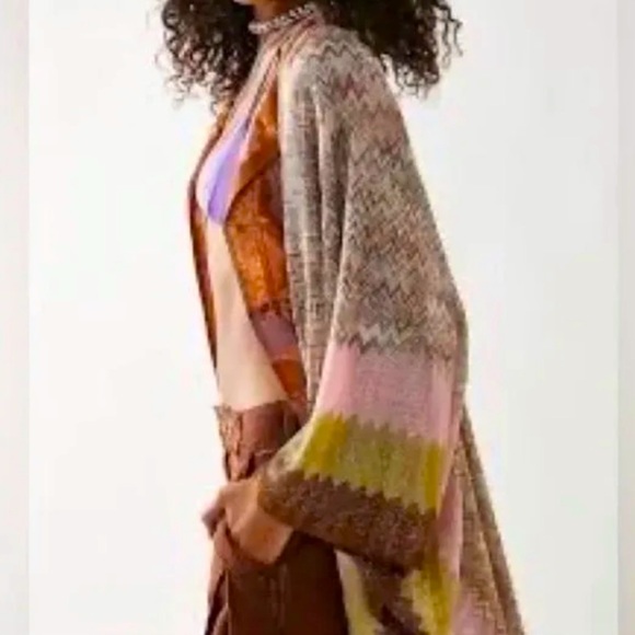 Free People Cairo Shimmer Chevron O/S Pink Green Open Kimono Cardigan Wrap New - Picture 2 of 5